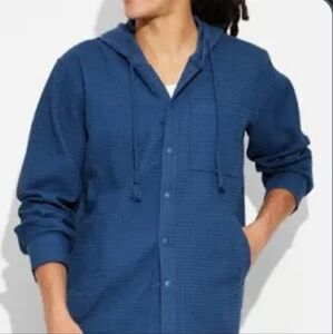 New Original Use Navy Waffle Knit Shirt Jacket With Hood
